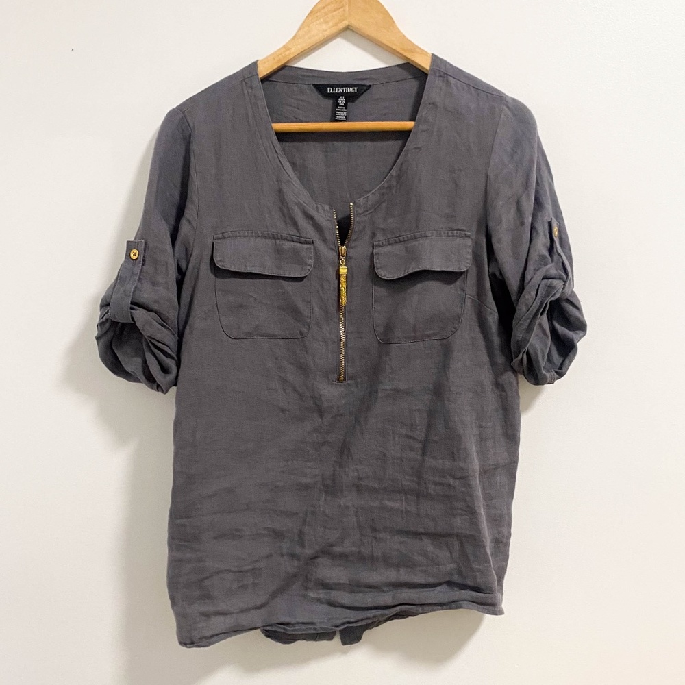 ELLEN TRACY Grey | Zip Front Top | Small | S
